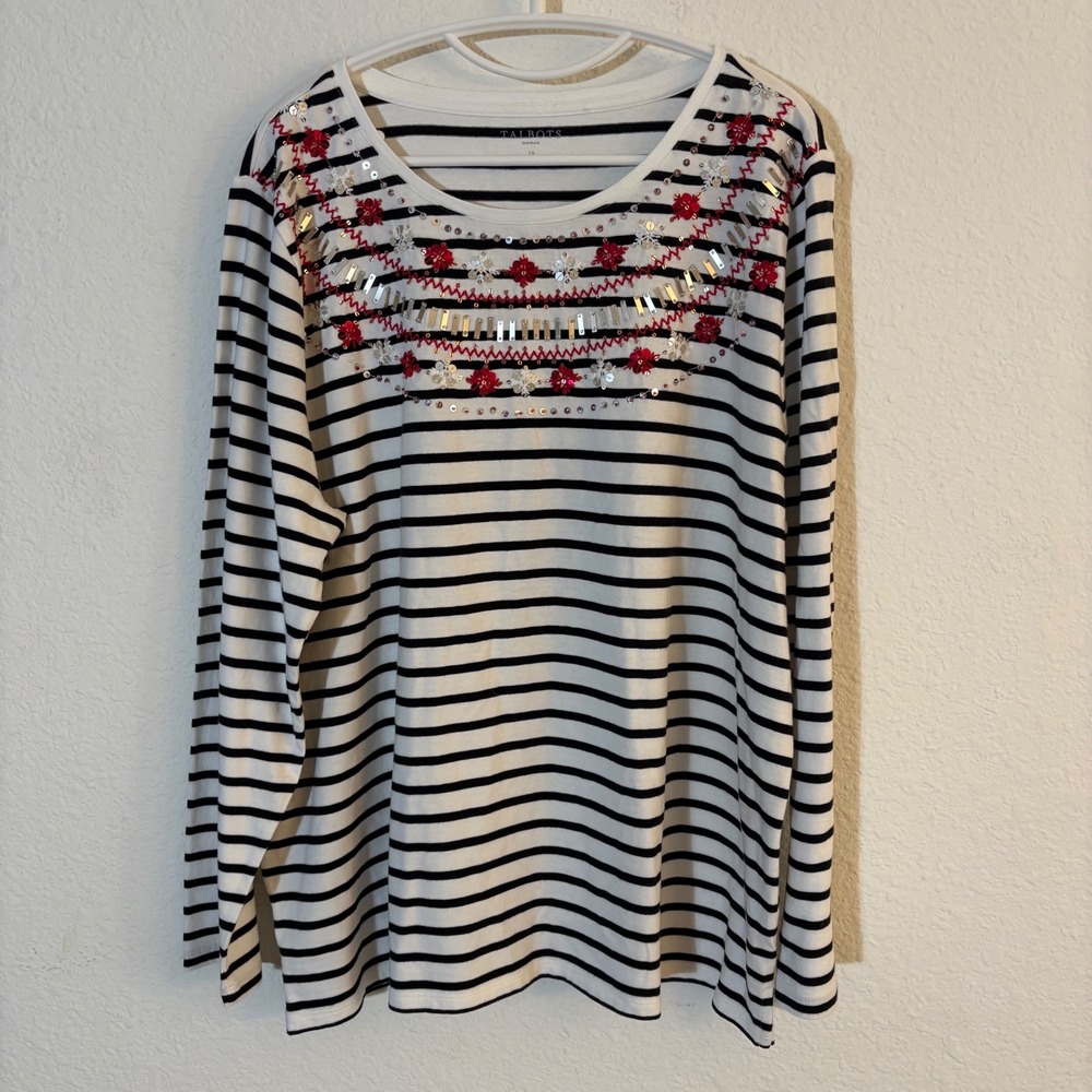 Talbots Striped Embellished Top Women 2X White Black